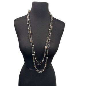 Beaded Multi Strand Long Necklace Faceted Beads Silver Tone Chain 72 Inches